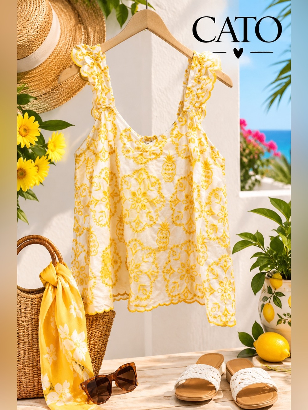 Cato | Yellow Pineapple Embroidered Ruffle Strap Tank Top